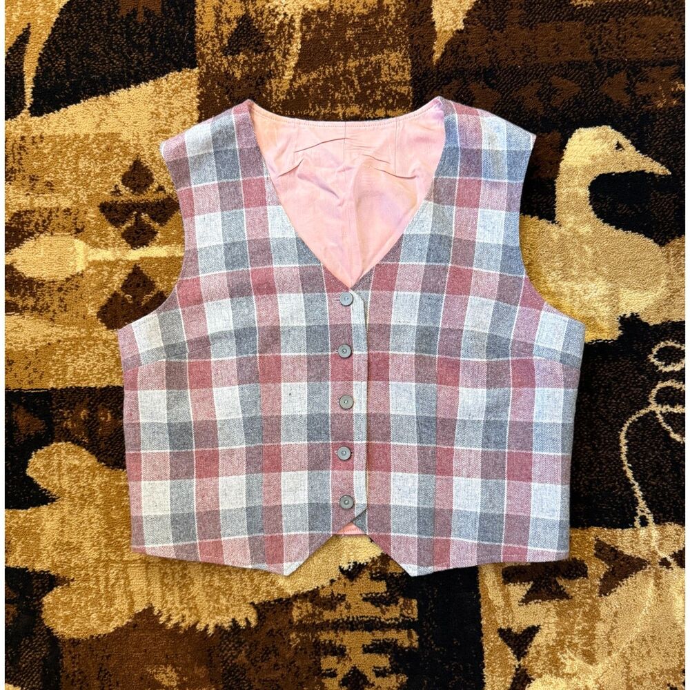 Vintage Wool Pink Plaid Vest Wool Blend Lined Preppy Vest M/L